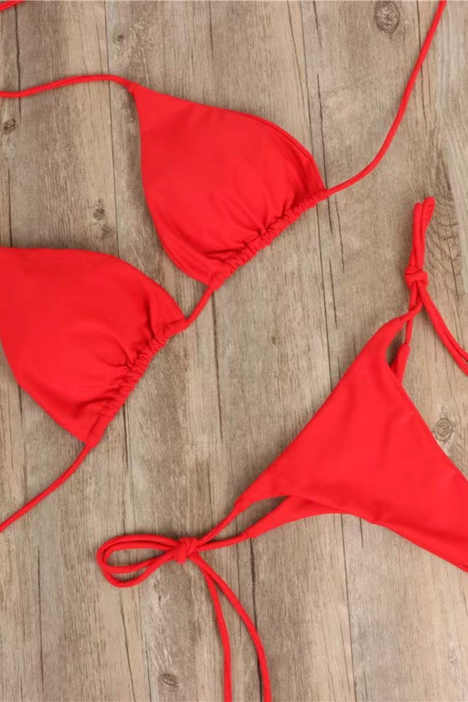 New Arrival Bikini Set – Solid Color Triangle Top & Adjustable Tied Bottom Red
