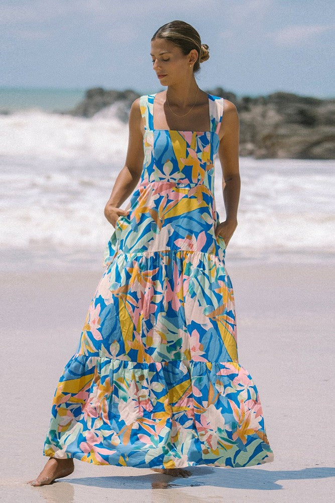 New High-End Beach Floral Print Long Camisole Dress Multicolor