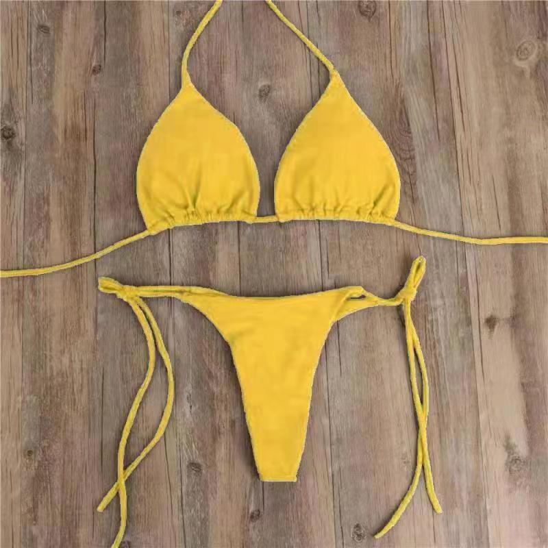 New Arrival Bikini Set – Solid Color Triangle Top & Adjustable Tied Bottom Yellow