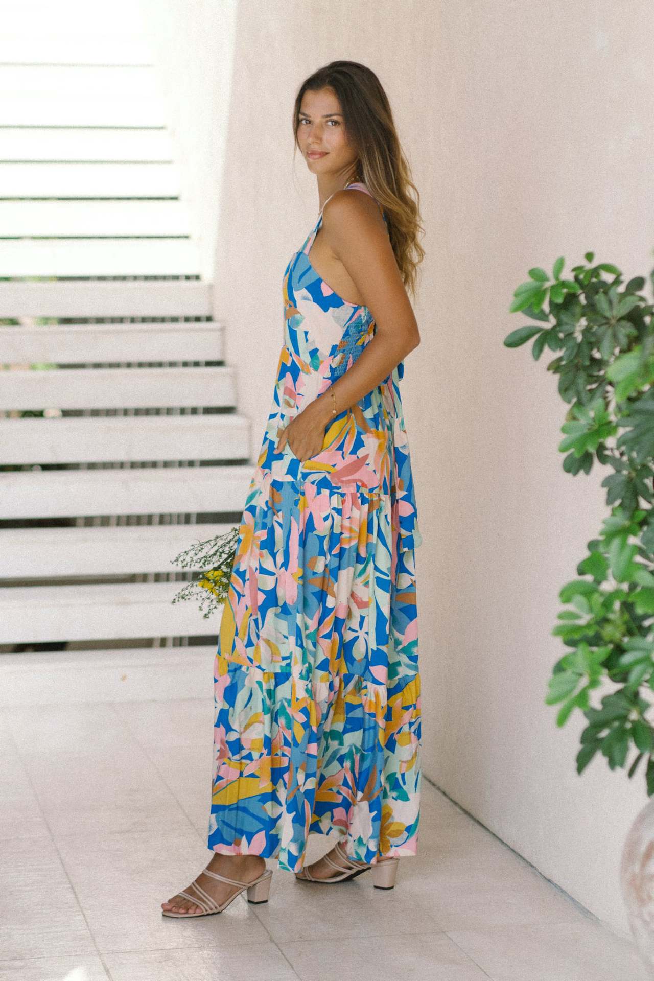 New High-End Beach Floral Print Long Camisole Dress Multicolor