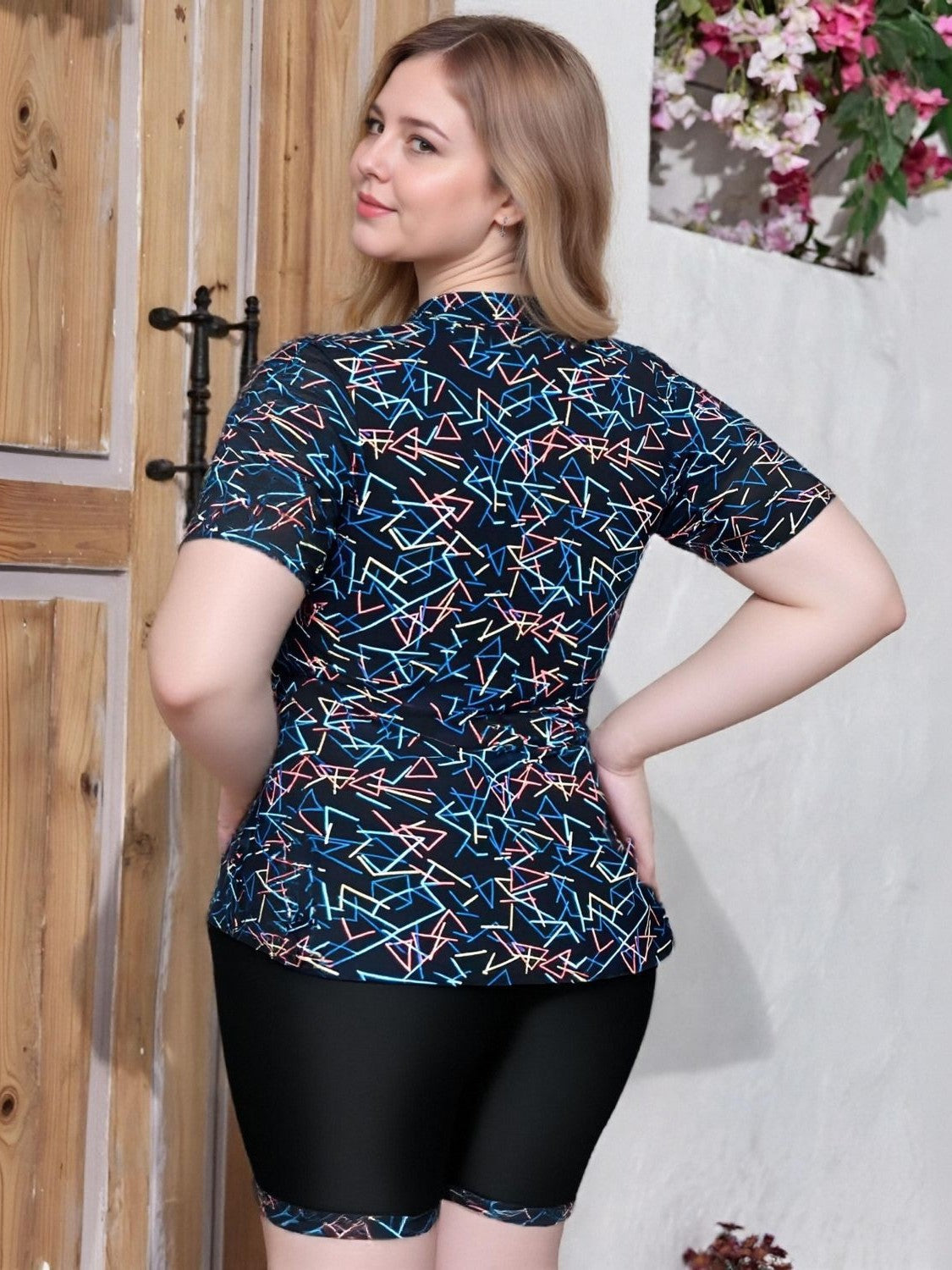 Women's Plus Size Short Sleeve Rash Guard Set - Modest Two-Piece Swimsuit with Boy-Leg Shorts