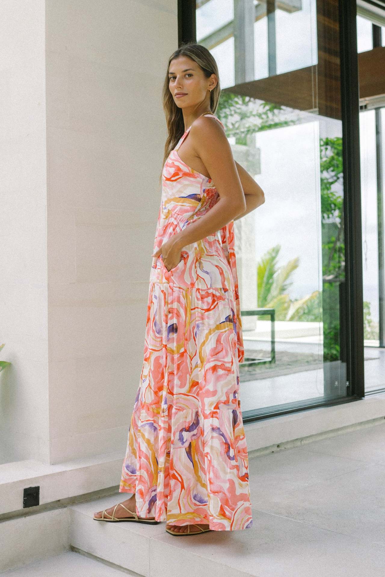 New High-End Beach Floral Print Long Camisole Dress Pink