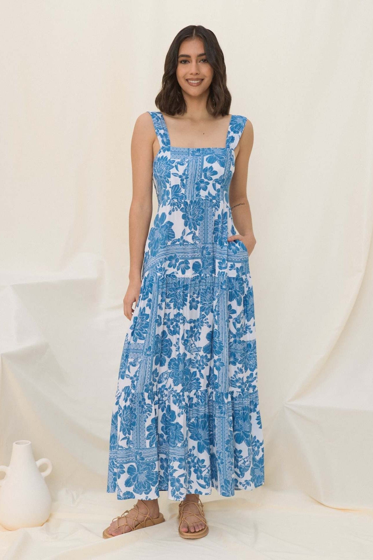 New High-End Beach Floral Print Long Camisole Dress Blue