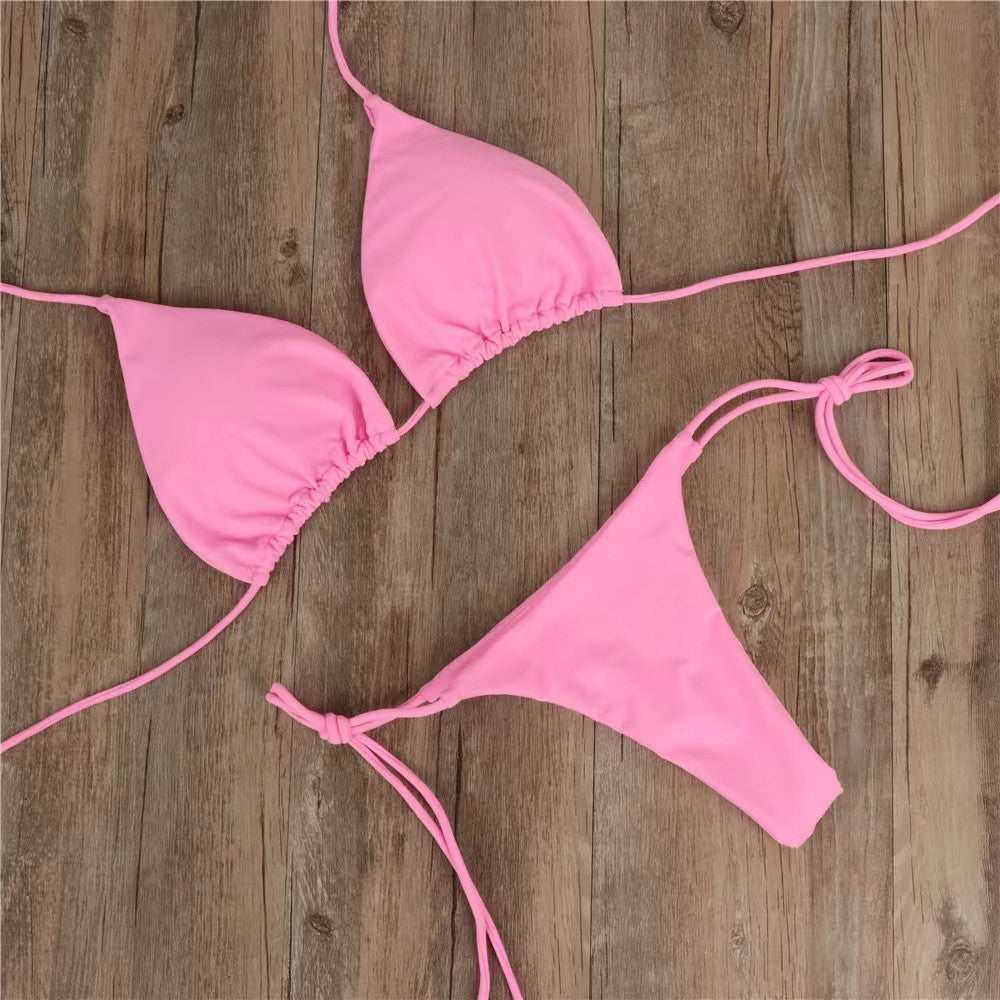 New Arrival Bikini Set – Solid Color Triangle Top & Adjustable Tied Bottom Pink