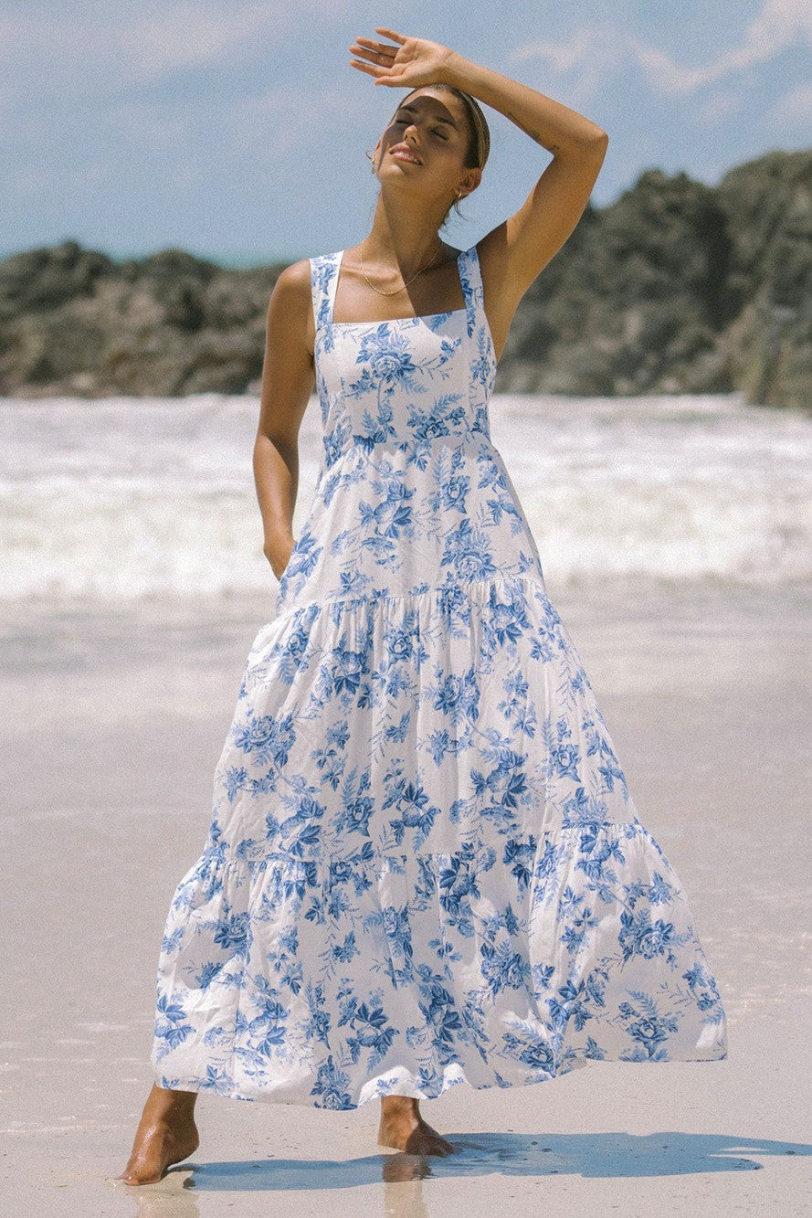 New High-End Beach Floral Print Long Camisole Dress White & Blue
