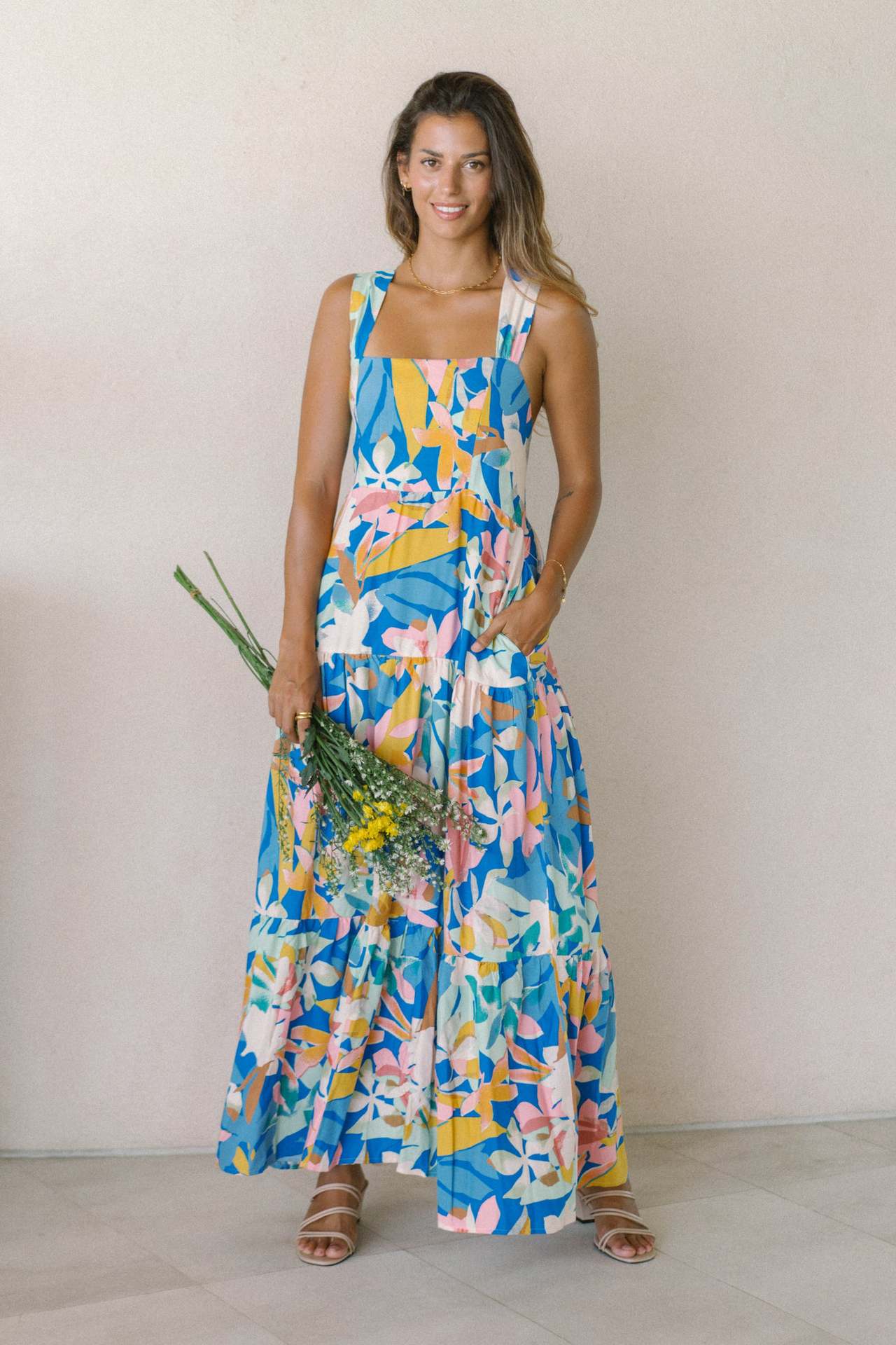New High-End Beach Floral Print Long Camisole Dress Multicolor