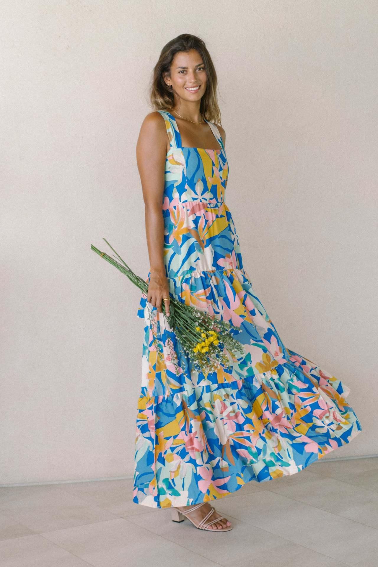 New High-End Beach Floral Print Long Camisole Dress Multicolor