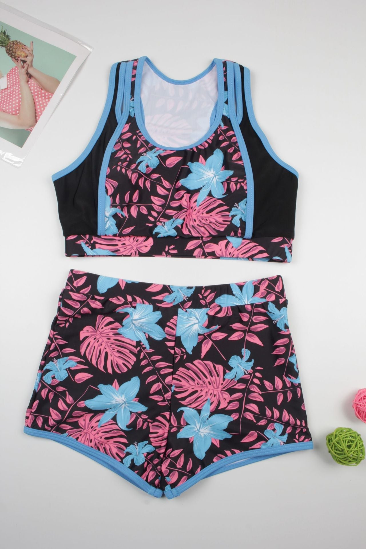 2025 New Arrival Two-Piece Bikini Swimsuit with Sporty Trendy Print & Modest Boyshorts Set Pink
