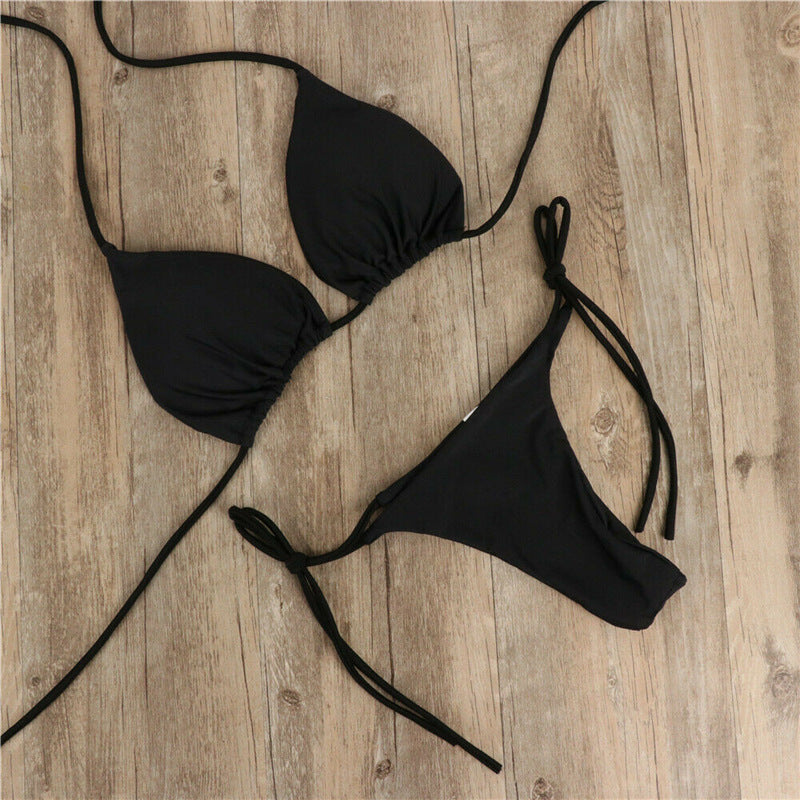 New Arrival Bikini Set – Solid Color Triangle Top & Adjustable Tied Bottom Black