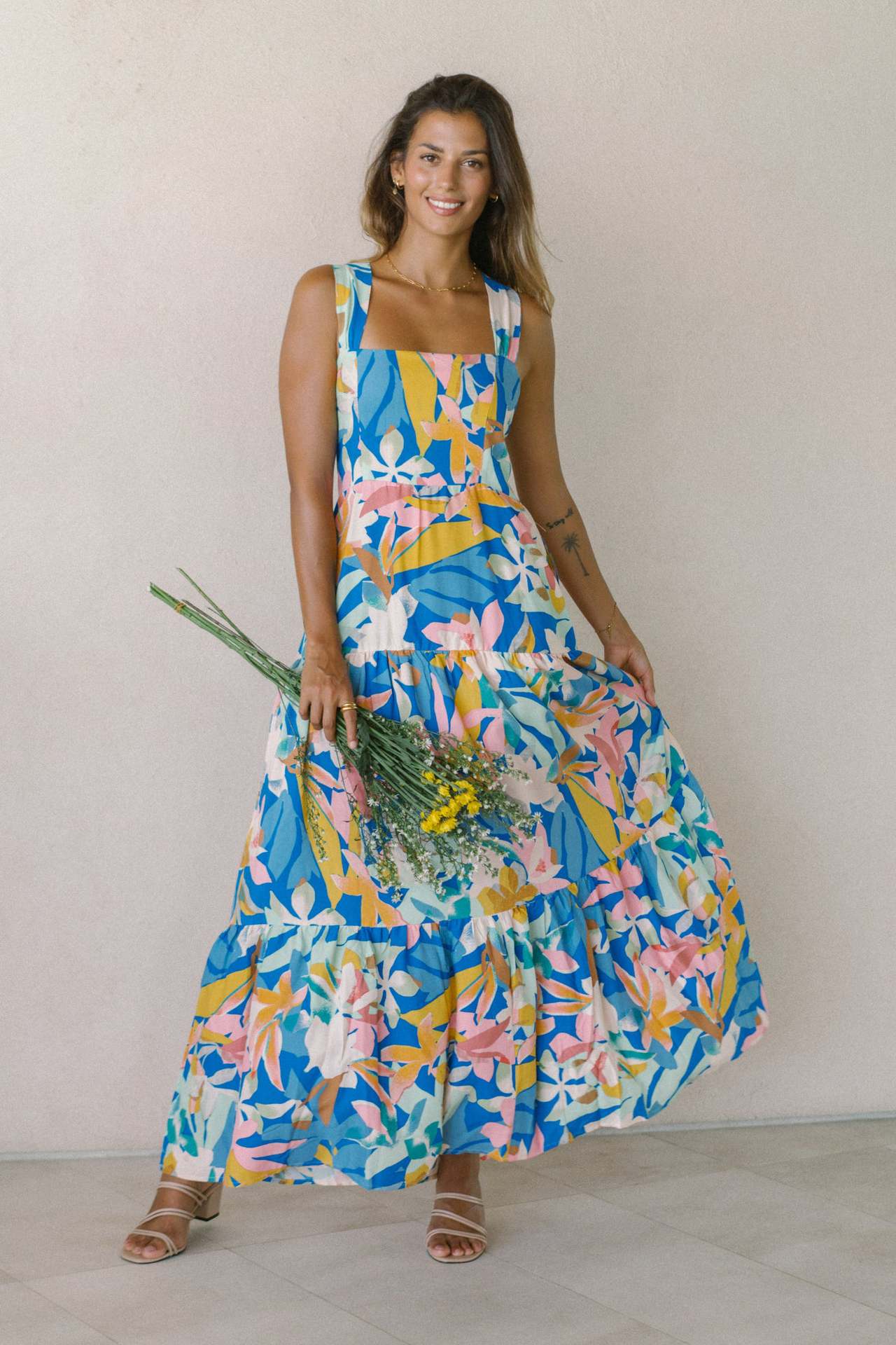 New High-End Beach Floral Print Long Camisole Dress Multicolor