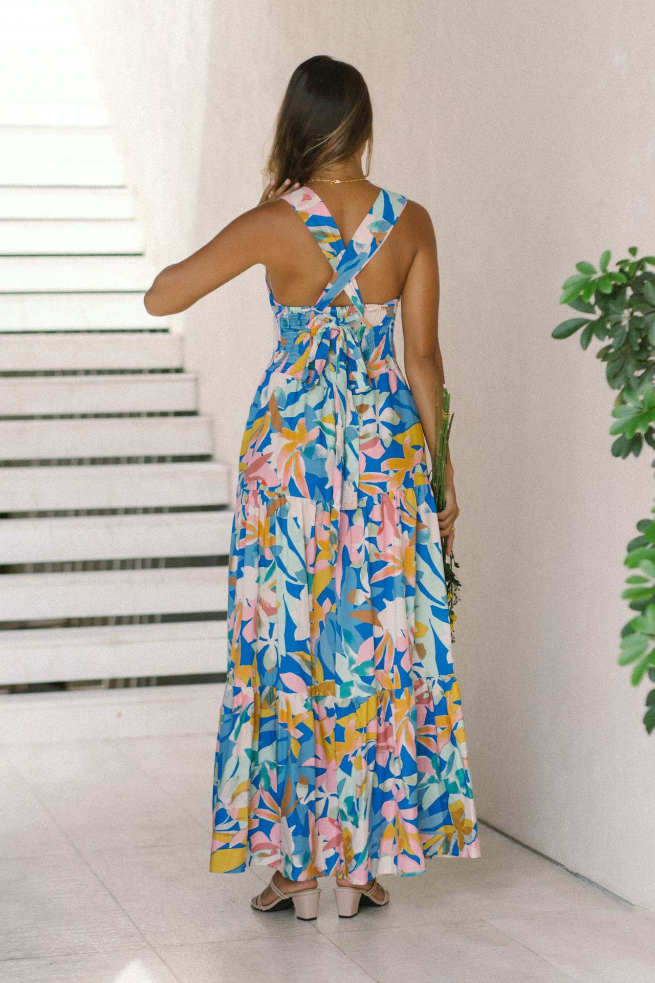 New High-End Beach Floral Print Long Camisole Dress Multicolor