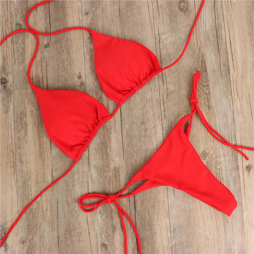 New Arrival Bikini Set – Solid Color Triangle Top & Adjustable Tied Bottom Red