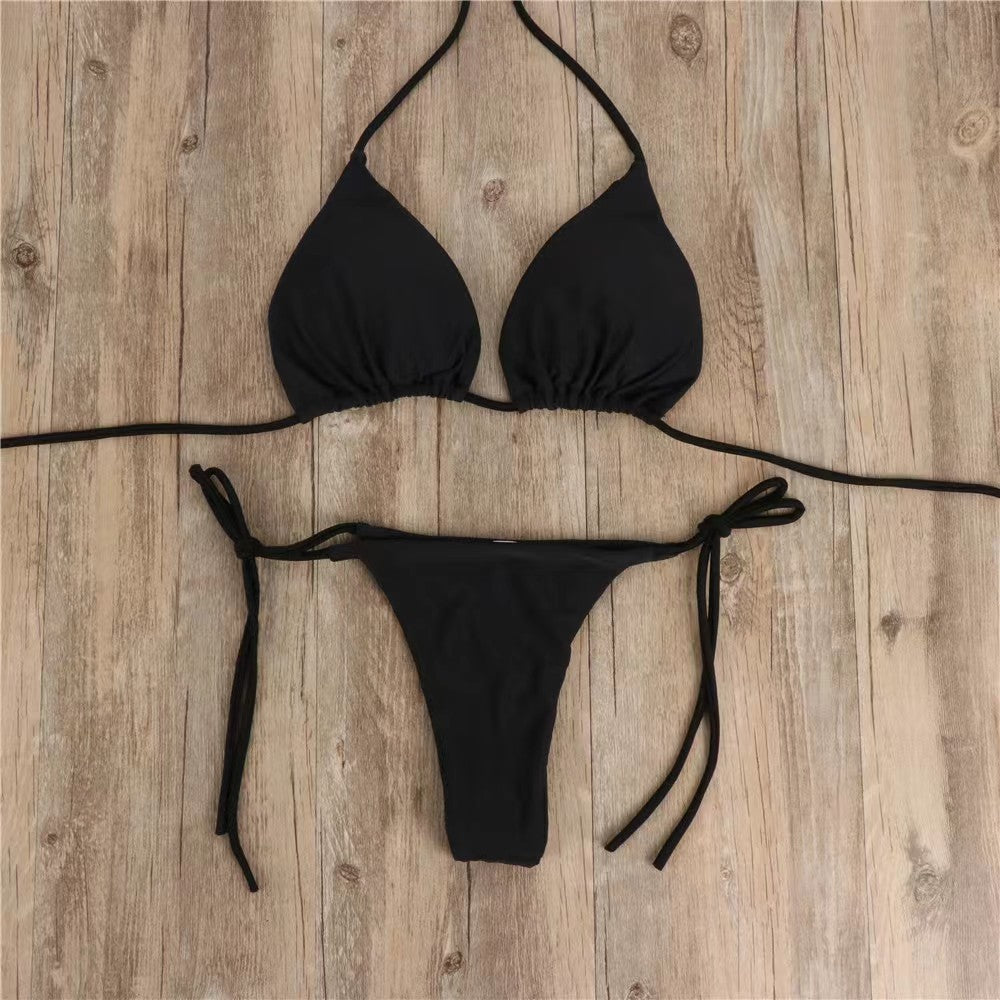 New Arrival Bikini Set – Solid Color Triangle Top & Adjustable Tied Bottom Black