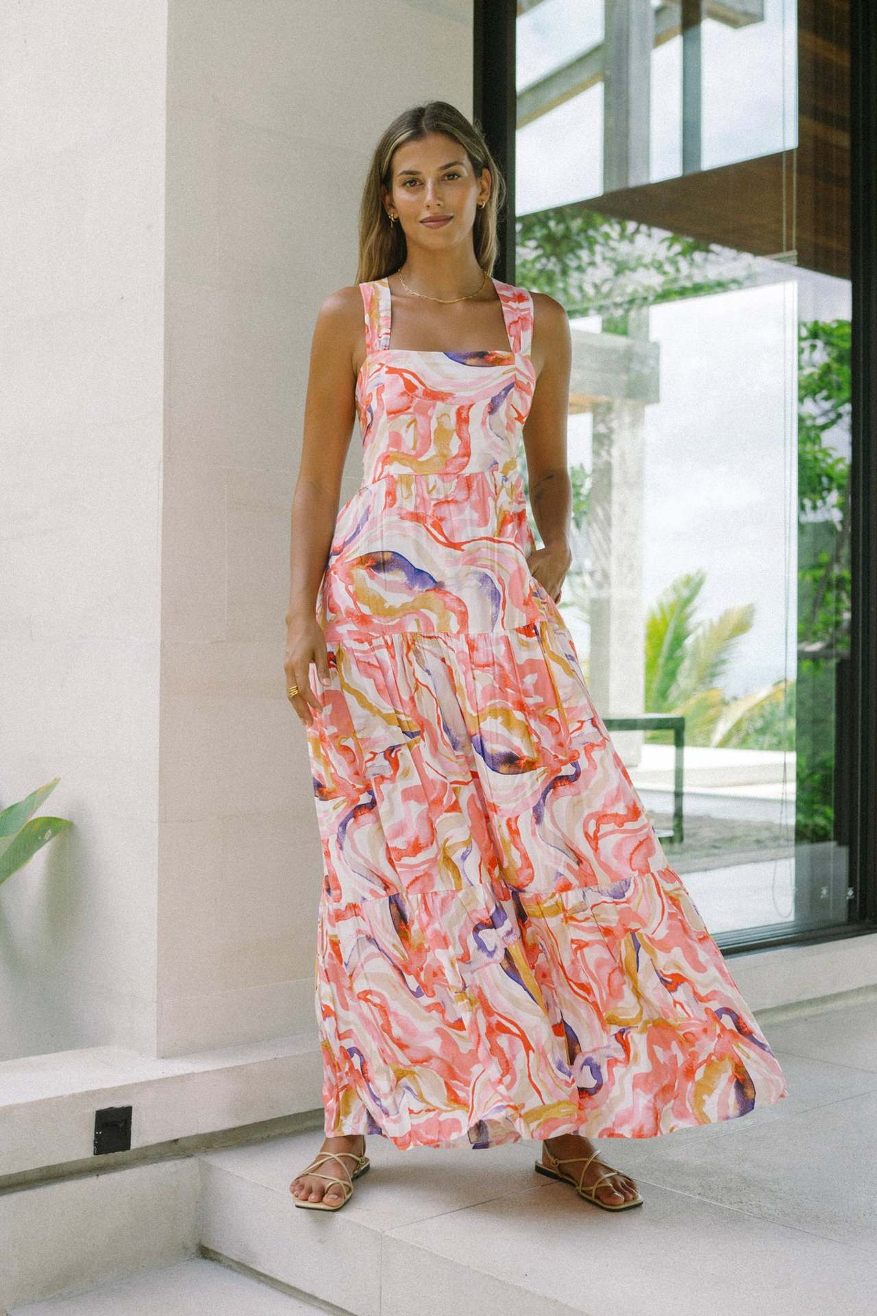 New High-End Beach Floral Print Long Camisole Dress Pink