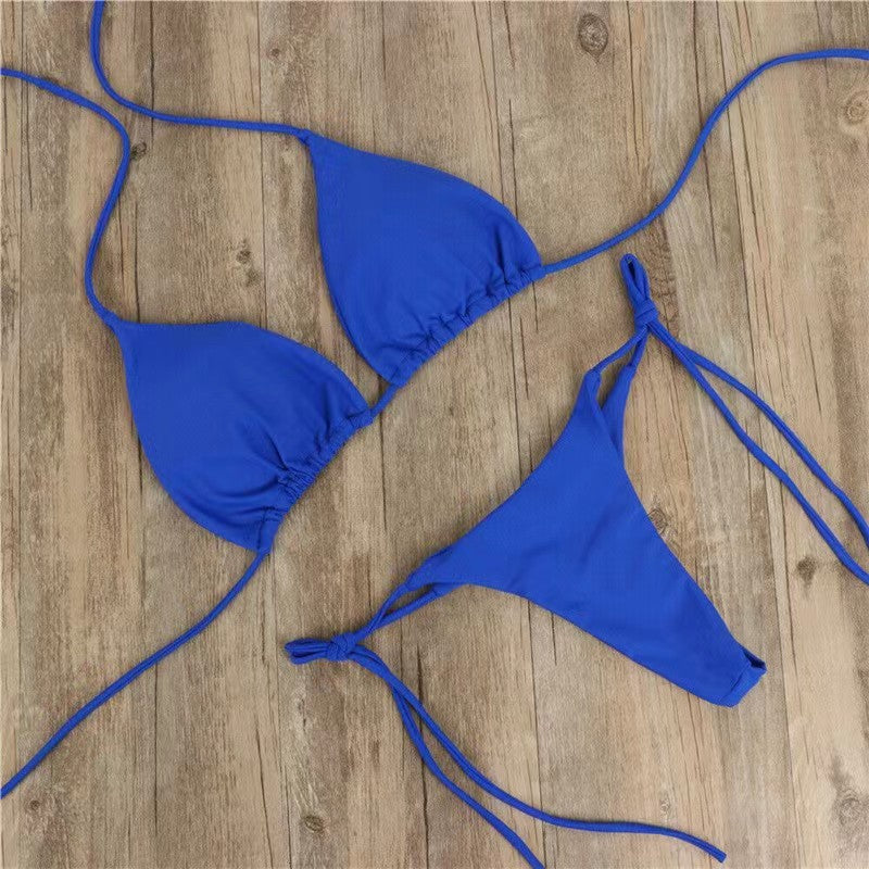 New Arrival Bikini Set – Solid Color Triangle Top & Adjustable Tied Bottom Blue