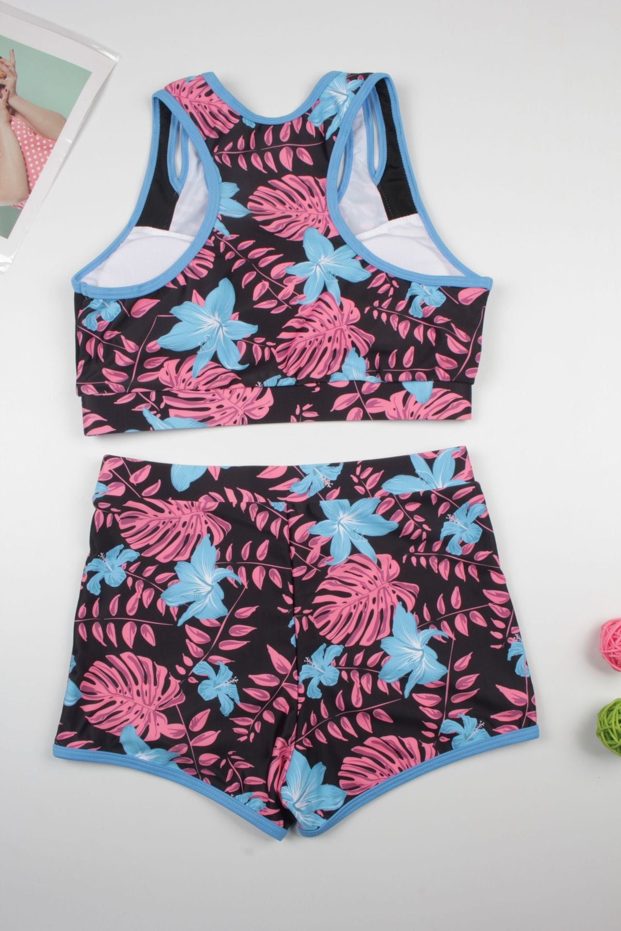 2025 New Arrival Two-Piece Bikini Swimsuit with Sporty Trendy Print & Modest Boyshorts Set Pink