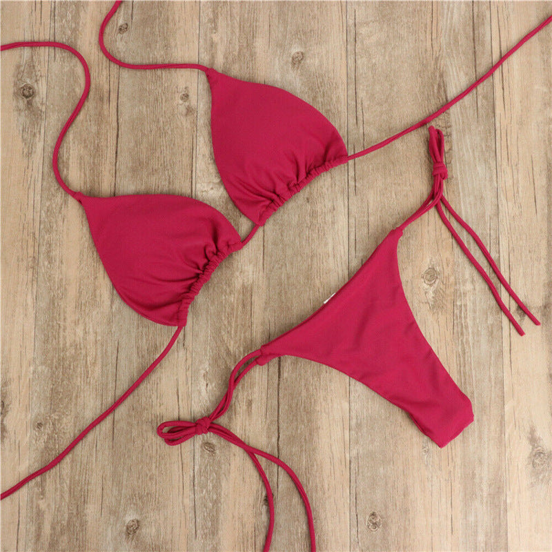 New Arrival Bikini Set – Solid Color Triangle Top & Adjustable Tied Bottom Wine Red