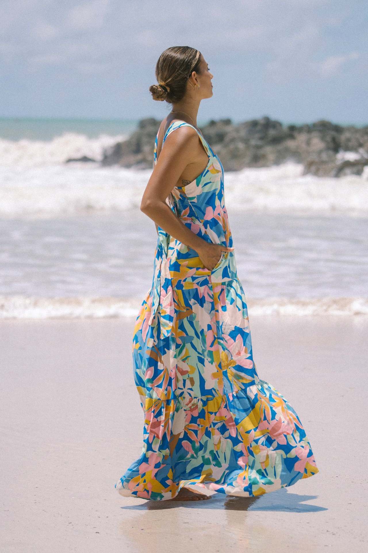New High-End Beach Floral Print Long Camisole Dress Multicolor