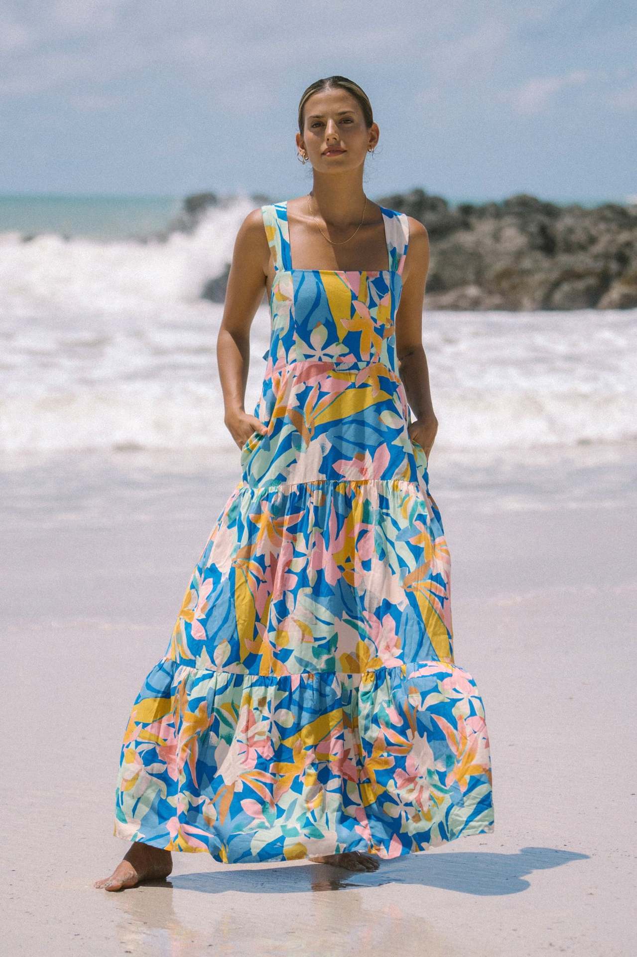 New High-End Beach Floral Print Long Camisole Dress Multicolor