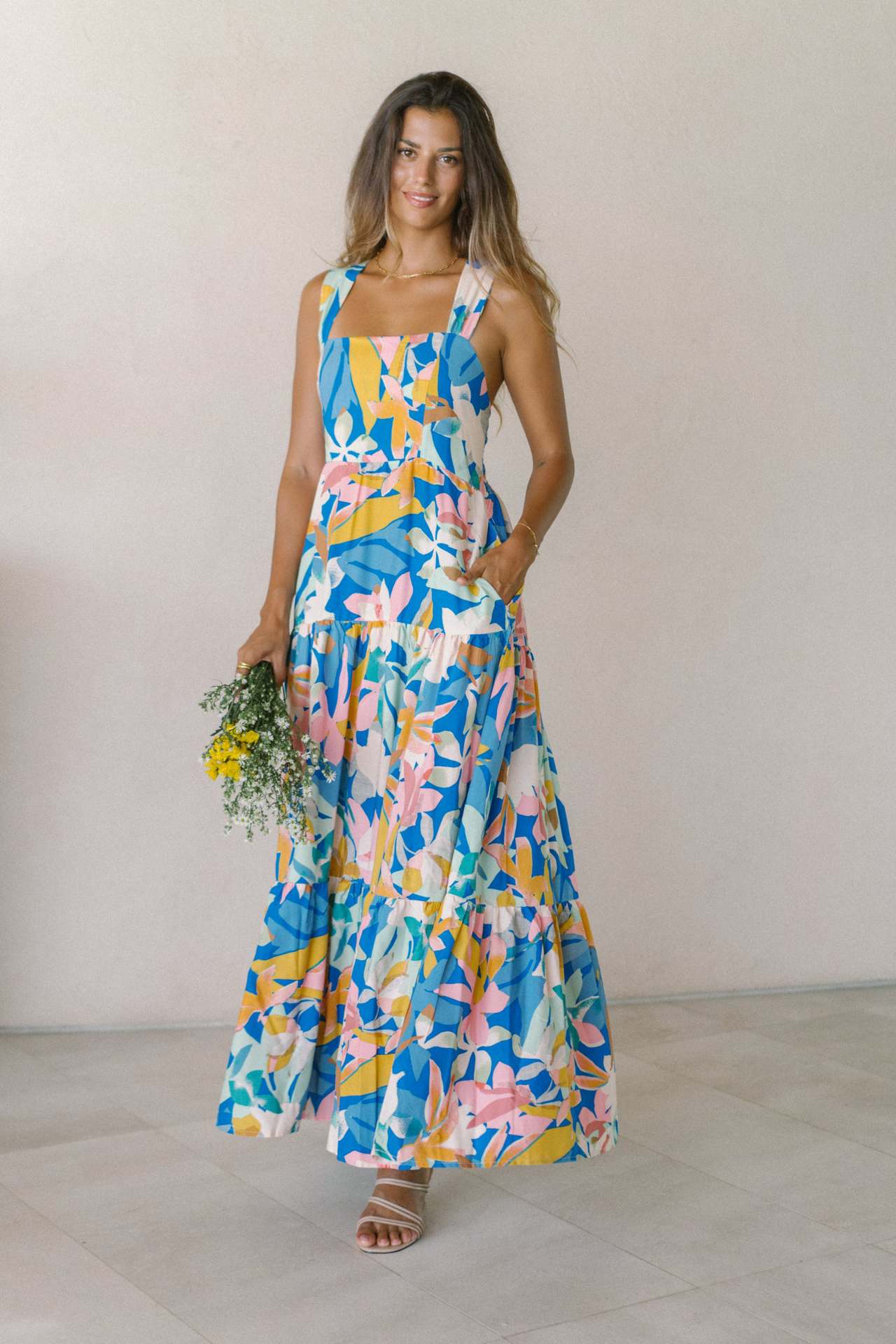 New High-End Beach Floral Print Long Camisole Dress Multicolor