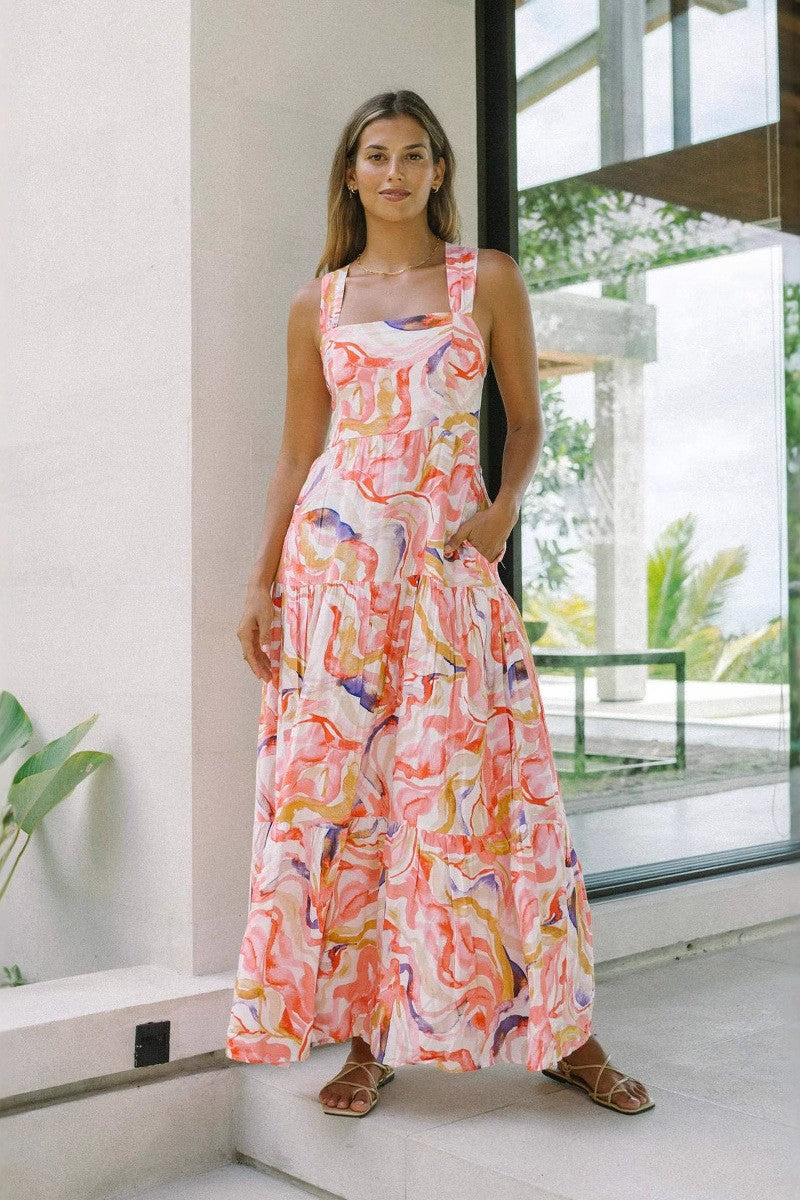 New High-End Beach Floral Print Long Camisole Dress Pink