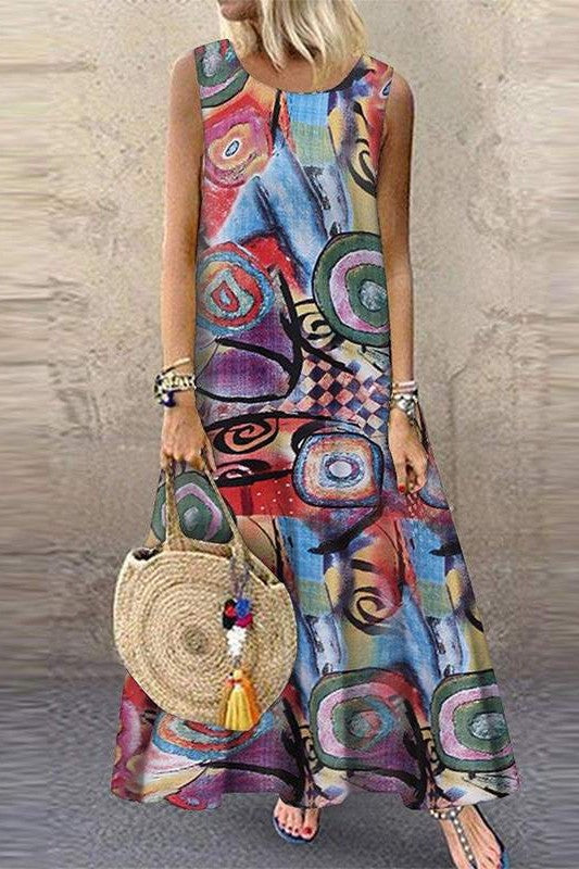 Oversized Round-Neck Sleeveless Maxi Dress with Print Red