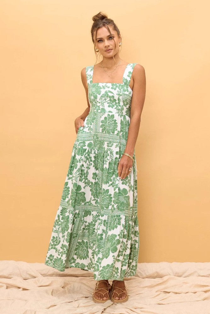 New High-End Beach Floral Print Long Camisole Dress Green