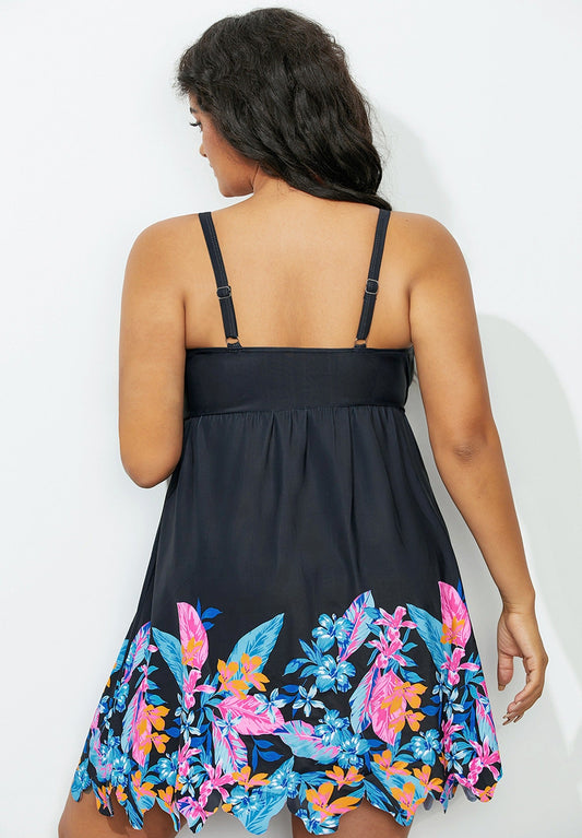 Floral Border Scallop Hem Swimdress
