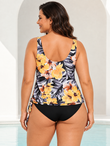 Plus Size Floral Print Side-Tie Tankini Set
