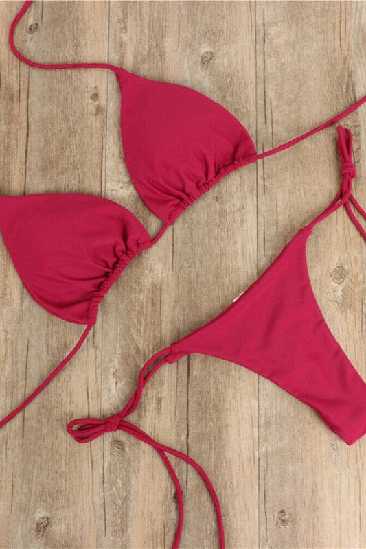 New Arrival Bikini Set – Solid Color Triangle Top & Adjustable Tied Bottom Wine Red