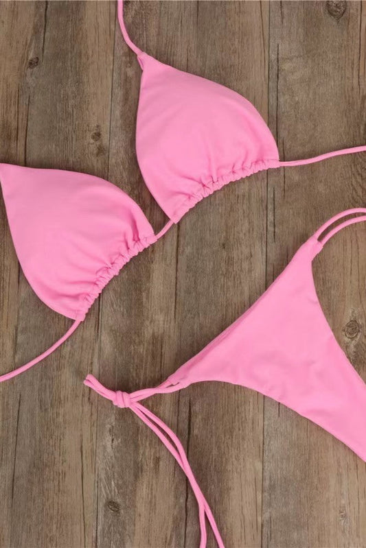 New Arrival Bikini Set – Solid Color Triangle Top & Adjustable Tied Bottom Pink