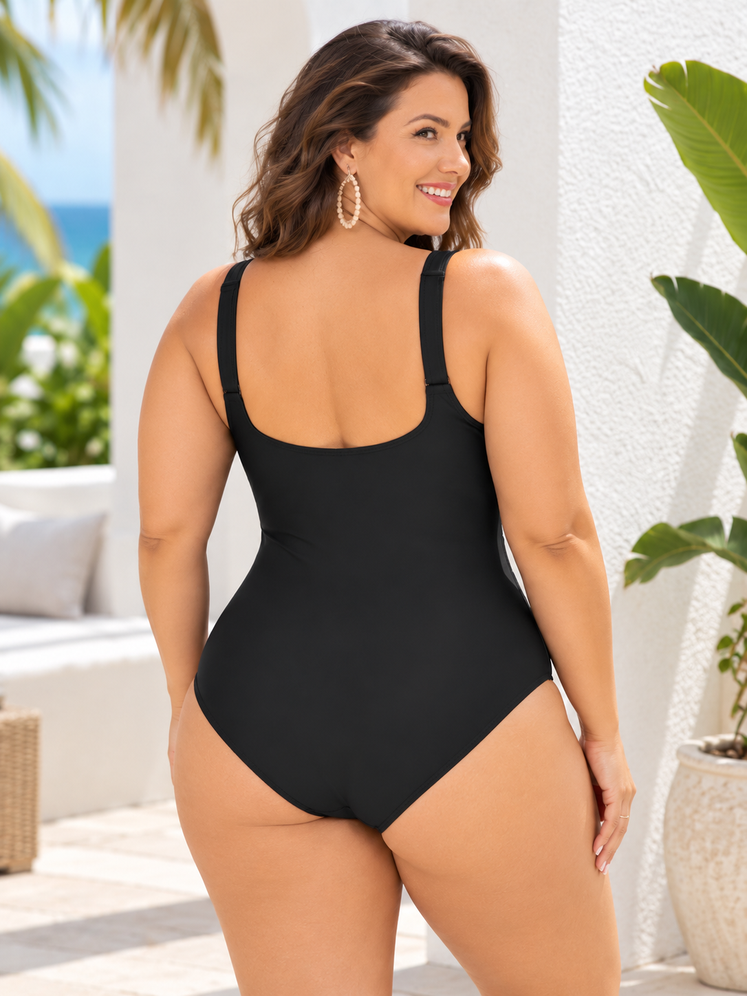 Plus-Size Black Twist-Front One-Piece Swimsuit with Mesh Waist Panels