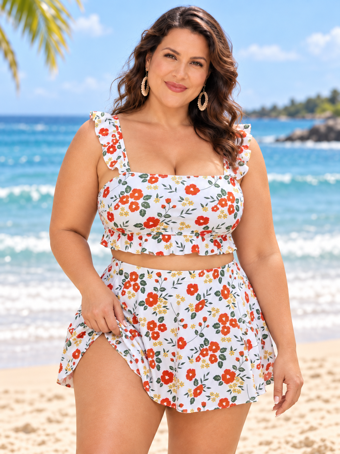 Plus-Size Floral Ruffle-Strap Three-Piece Skirted Swim Set