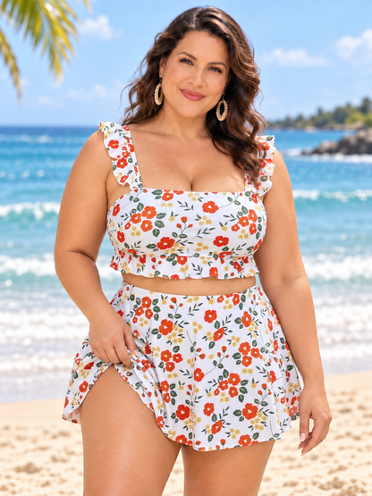 Plus-Size Floral Ruffle-Strap Three-Piece Skirted Swim Set