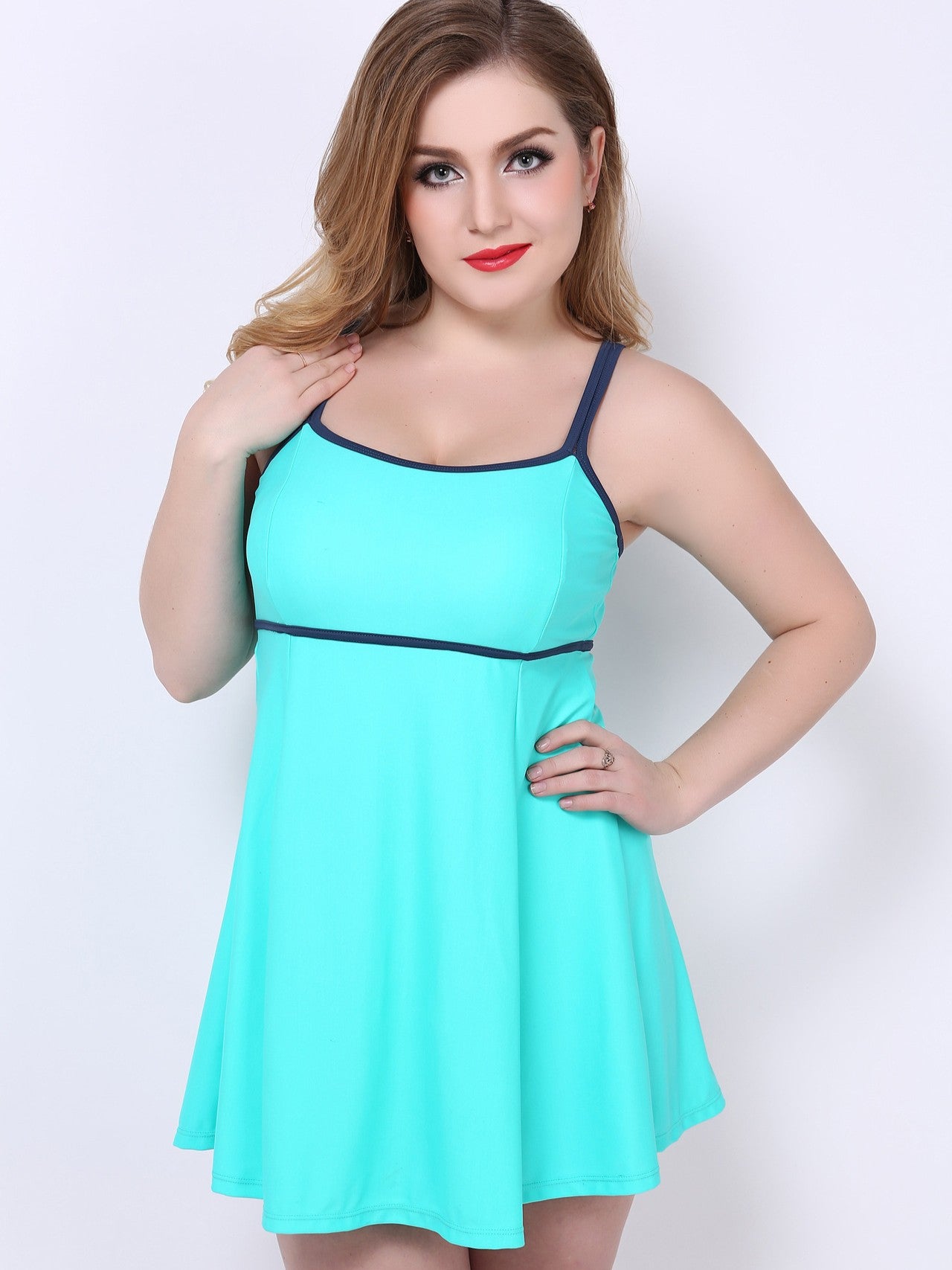 Scoop Neck Peplum Swimdress Cyan