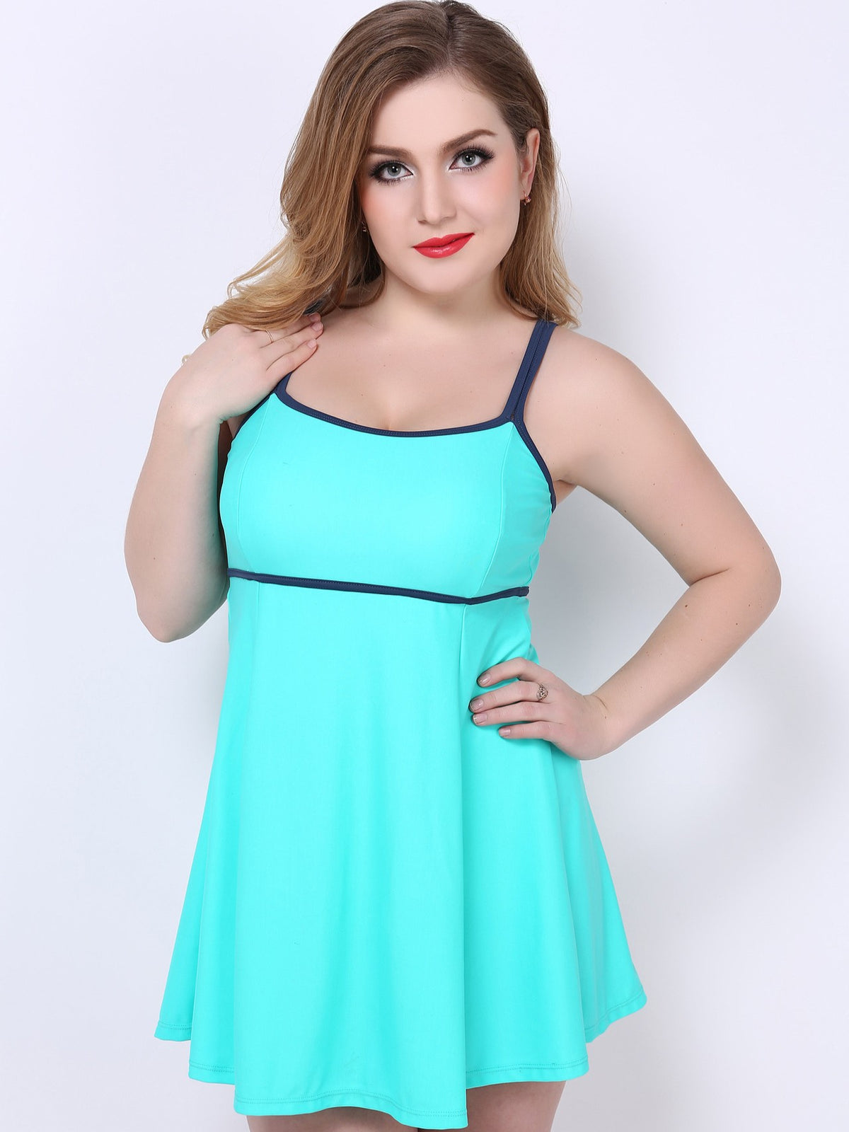 Marina Contrast-Trim A-Line Swimdress with Built-In Brief