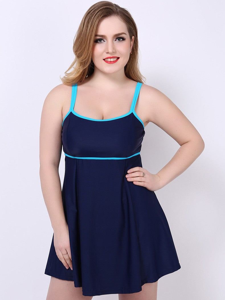 Marina Contrast-Trim A-Line Swimdress with Built-In Brief