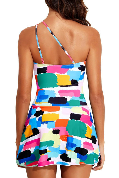 One-Shoulder Swimsuit for Women - Slim Fit Monokini with Skirted Design Color Blocks