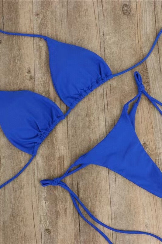 New Arrival Bikini Set – Solid Color Triangle Top & Adjustable Tied Bottom Blue
