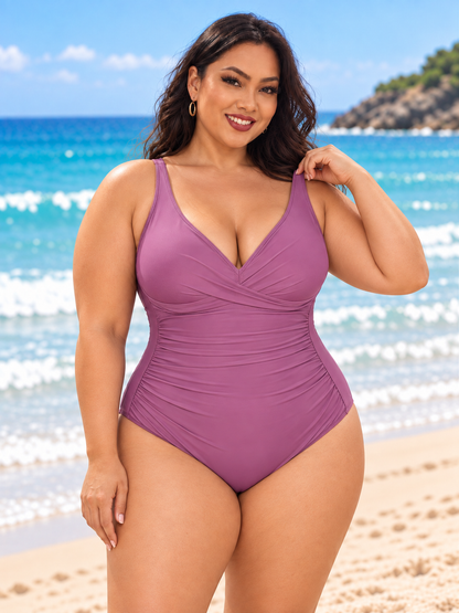 Plus Size Ruched V-Neck Lace-Up One-Piece Swimsuit