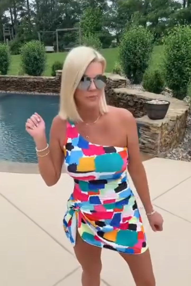 One-Shoulder Swimsuit for Women - Slim Fit Monokini with Skirted Design Color Blocks