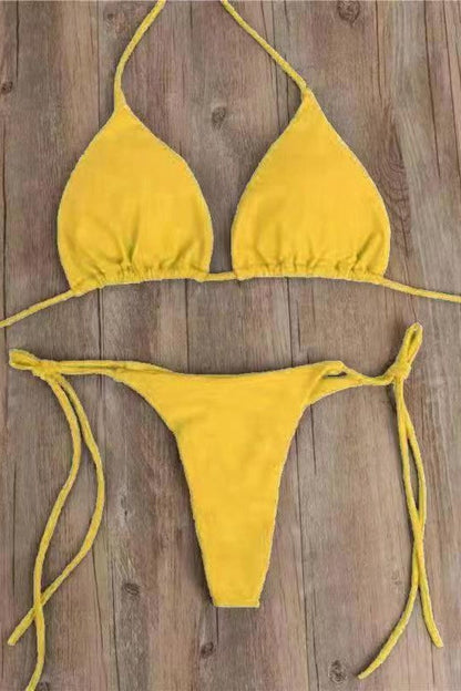 New Arrival Bikini Set – Solid Color Triangle Top & Adjustable Tied Bottom Yellow