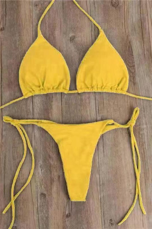 New Arrival Bikini Set – Solid Color Triangle Top & Adjustable Tied Bottom Yellow