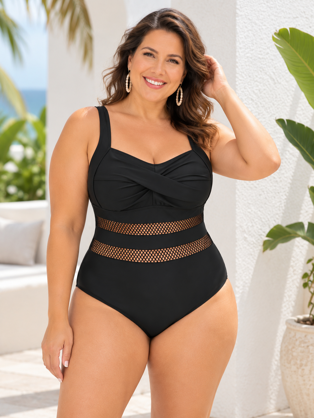 Plus-Size Black Twist-Front One-Piece Swimsuit with Mesh Waist Panels