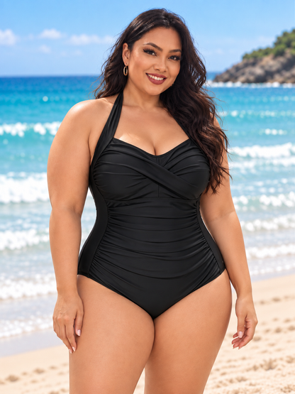 Plus Size Ruched Halter Tummy Control One-Piece Swimsuit