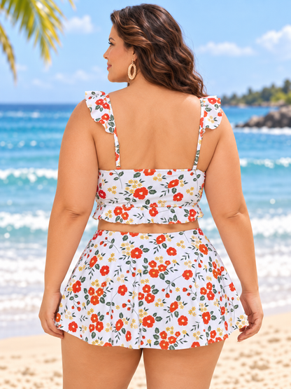 Plus-Size Floral Ruffle-Strap Three-Piece Skirted Swim Set