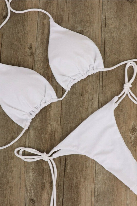 New Arrival Bikini Set – Solid Color Triangle Top & Adjustable Tied Bottom White