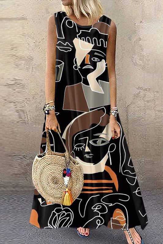Oversized Round-Neck Sleeveless Maxi Dress with Print Black