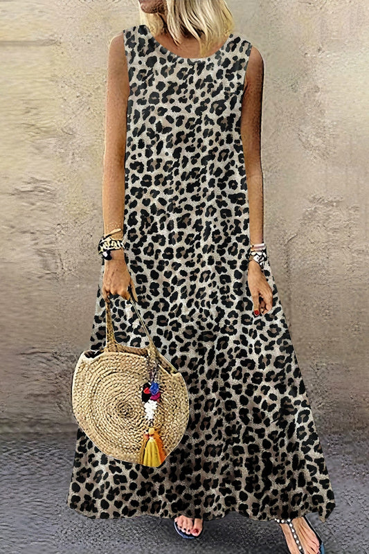 Oversized Round-Neck Sleeveless Maxi Dress with Print Dark Brown