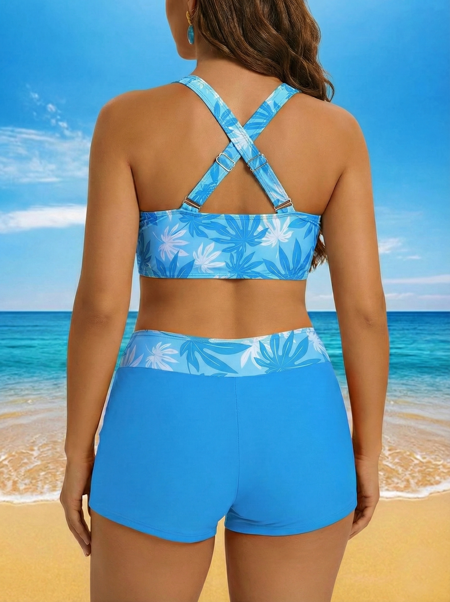 Floral Print Tie-Front Bikini for Women - Black V-Neck Bikini Top and High Waisted Boy Short Bottoms Blue